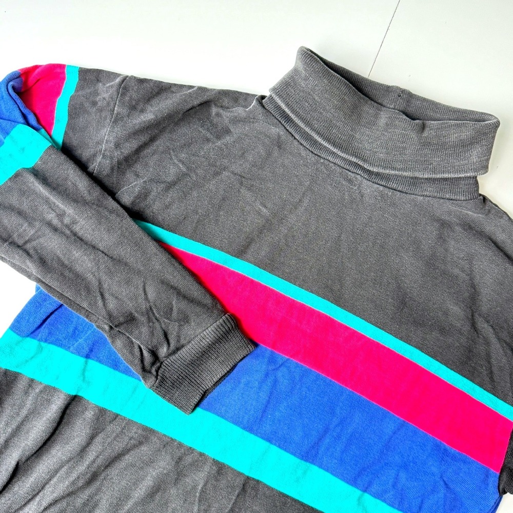 Vintage LL Bean Striped Turtleneck Sweater Womens Medium Grey Pink Blue USA